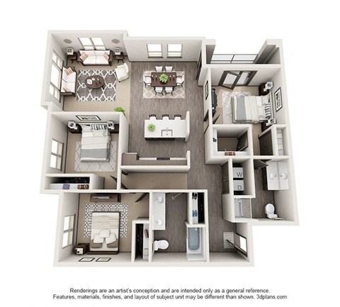 Floor plan for 3 beds, 2 baths, 1414 sqft